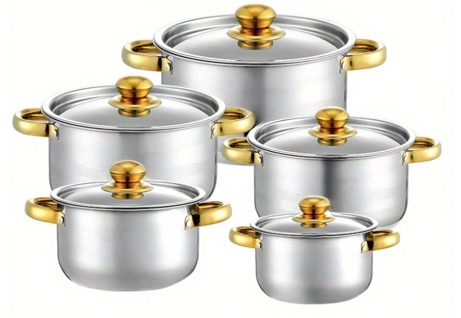 Set oale inox 10 piese cu manere si capace aurii